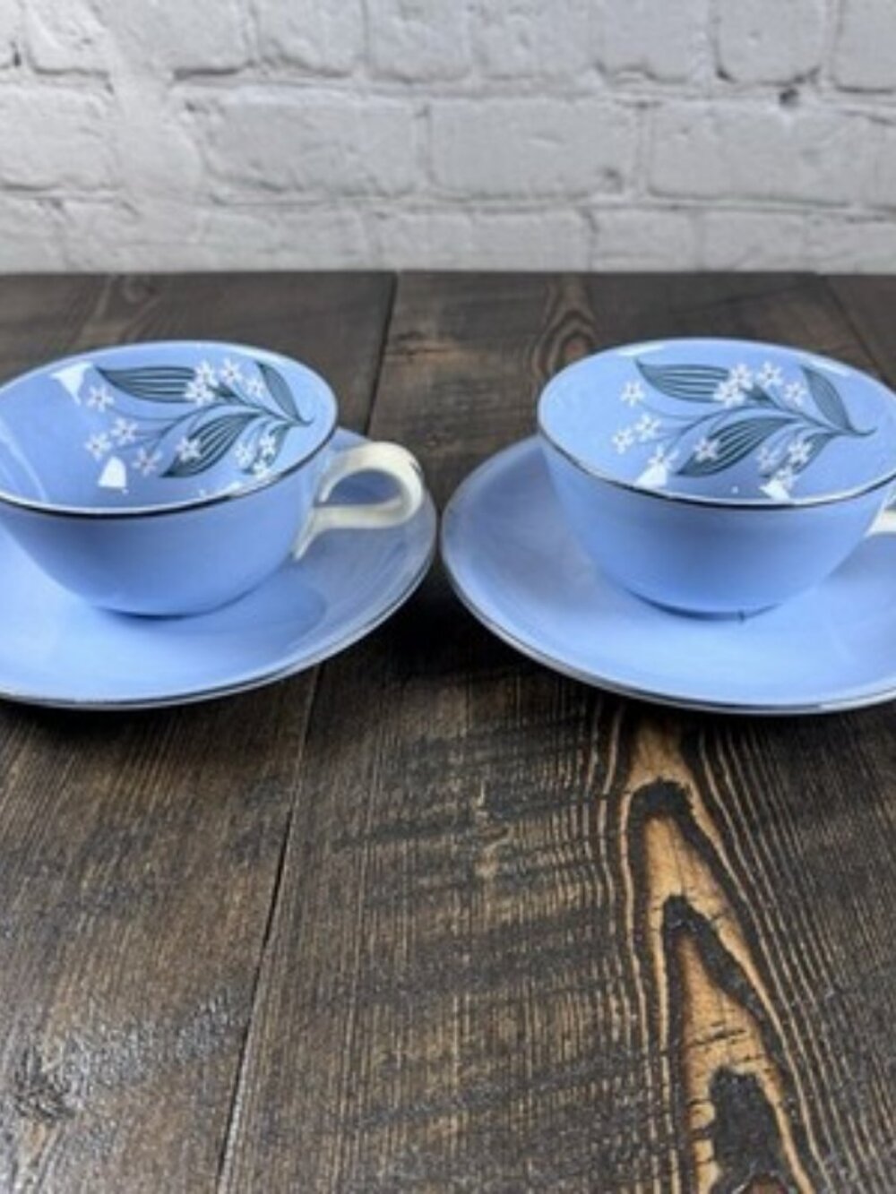 4 Piece Homer Laughlin Skytone Blue Teacup and Saucer Stardust Blue MCM Leaves